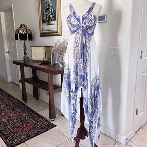 Cost Plus World Market Asymmetrical Sleeveless Blue and White Dress Size S/M